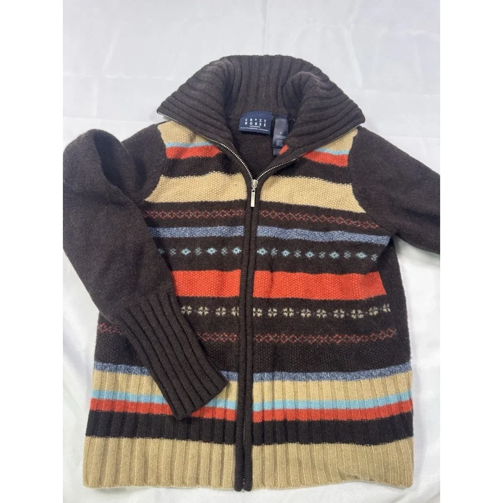 Crazy Horse Liz Claiborne Sweater Mens M 100% Lambswool Full Zip Fair Isle